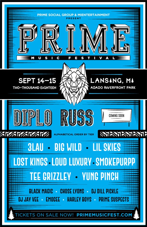 <p>A poster announcing the 2018 Prime Music Festival's lineup of artists. The festival is September 14 and 15 in Adago Riverfront Park in Lansing.&nbsp;</p>