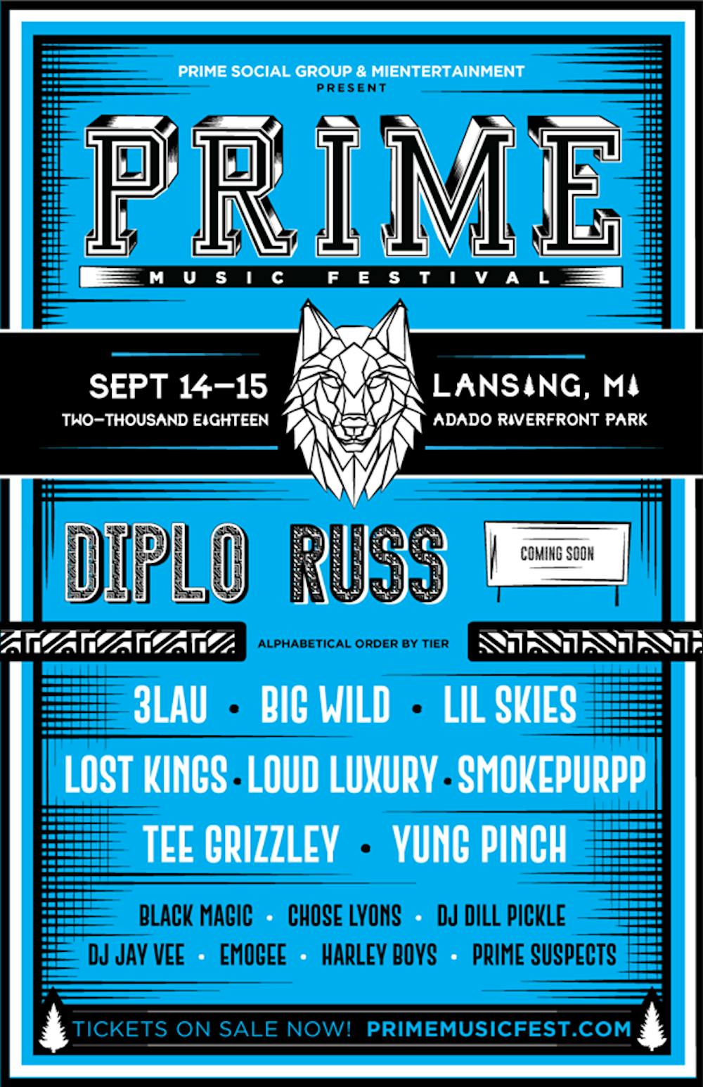 <p>A poster announcing the 2018 Prime Music Festival's lineup of artists. The festival is September 14 and 15 in Adago Riverfront Park in Lansing.&nbsp;</p>