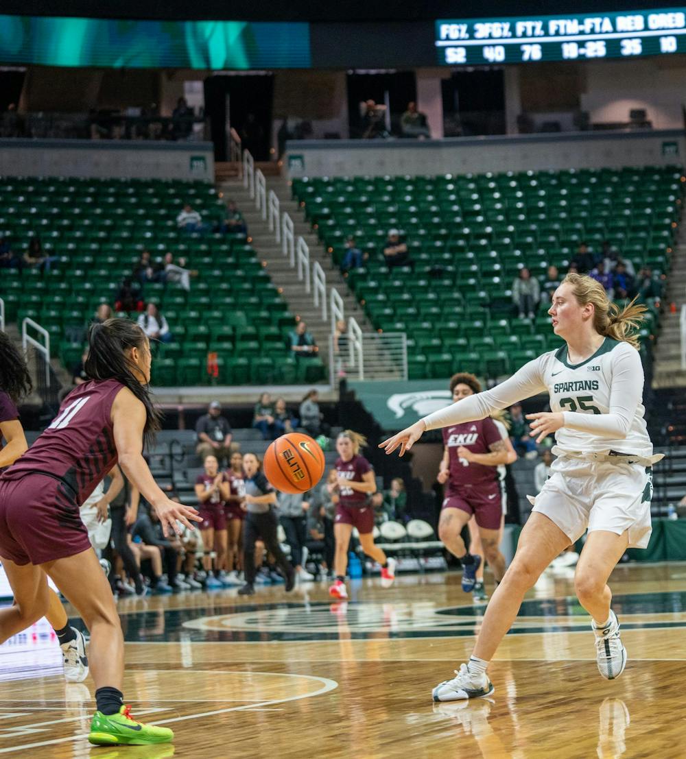 <p>MSU redshirt freshman guard Kennedy Blair (35) passes the ball against Eastern Kentucky at the Breslin Center on Nov. 14, 2024.</p>