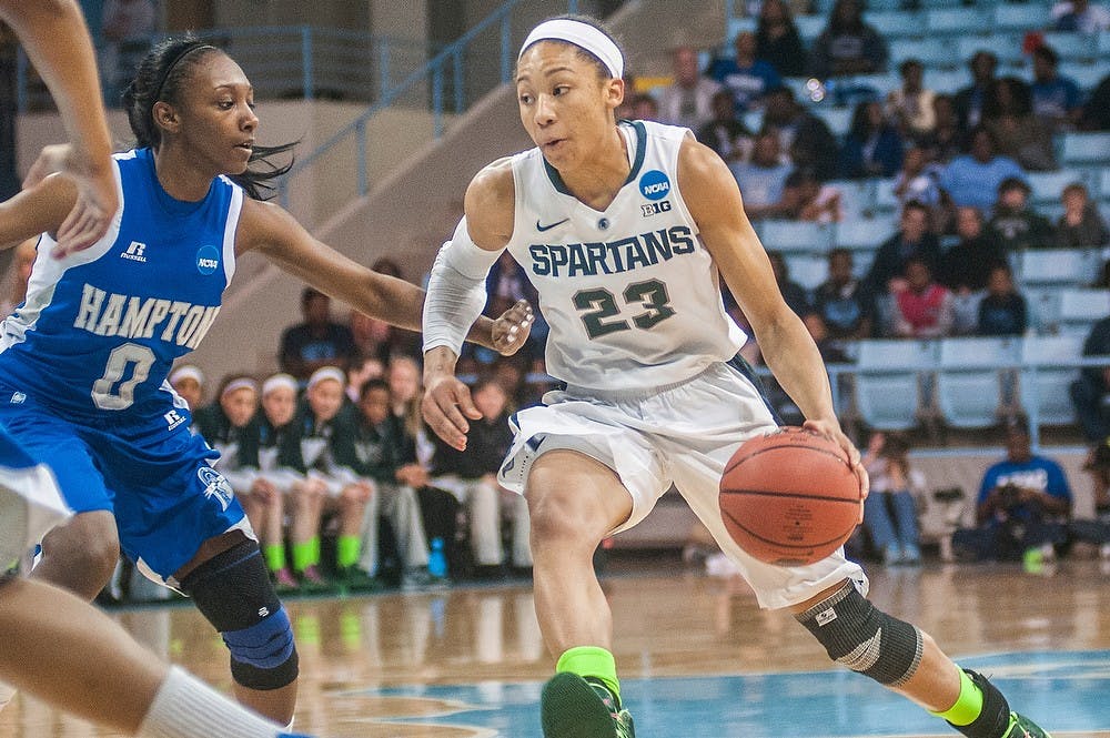 <p>Redshirt freshman guard Aerial Powers charges past Hampton guard Malia Tate-DeFreitas on March 22, 2014, during a game at the NCAA tournament at Carmichael Arena in Chapel Hill, N.C. The Spartans won, 91-61.</p>