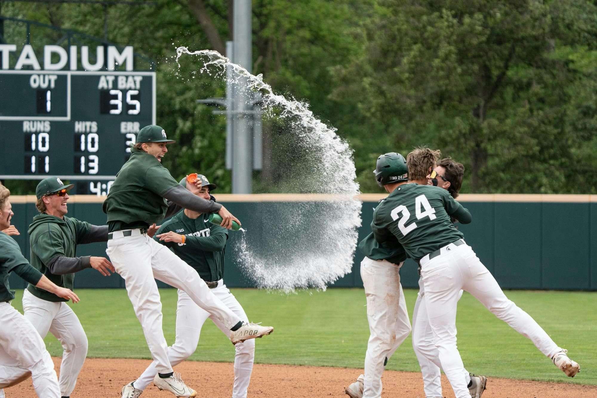 <p>Michigan State players celebrate after junior infielder Randy Seymour (35) hit a walk-off RBI to win the final game of the series over Minnesota at McLane Stadium on May 17, 2025.</p>