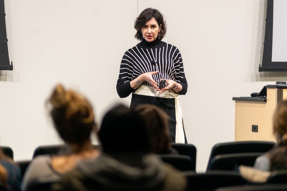 Author Gail Stern speaks about rape culture at the Facility for Rare Isotope Beams on April 4, 2019.