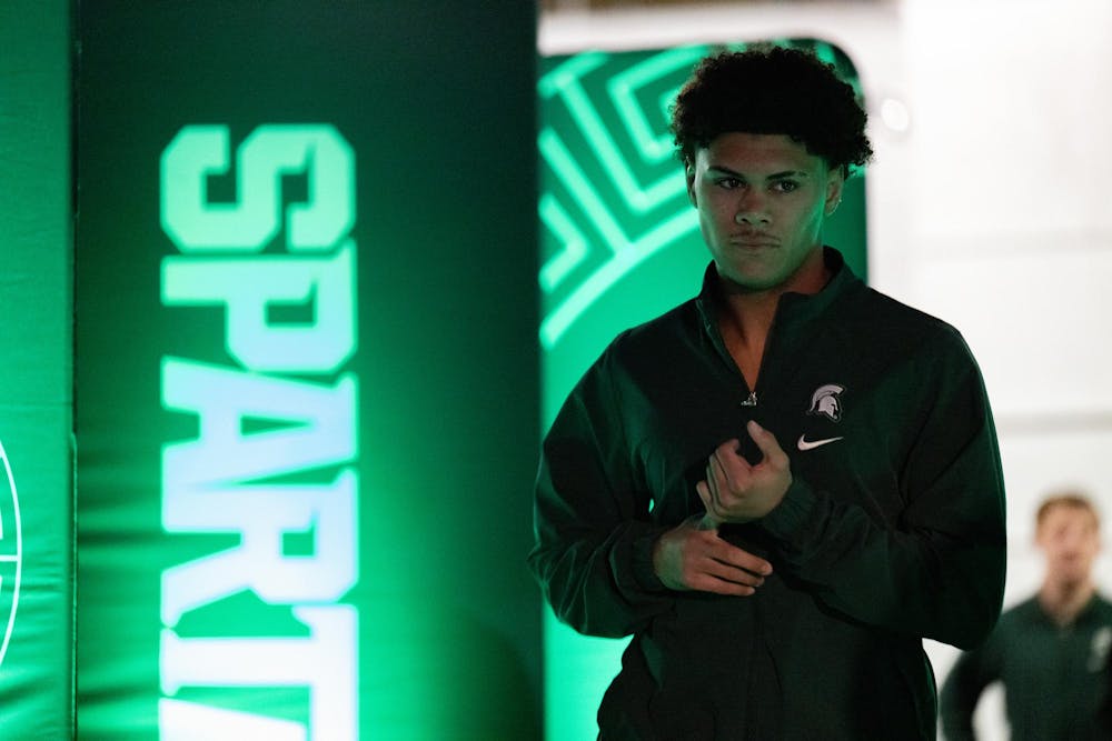 Michigan State’s Jaden Crumpler (141) waits to take the mat before his bout against Illinois during meet at Jennison Field House in East Lansing on Friday, Jan. 16, 2026.