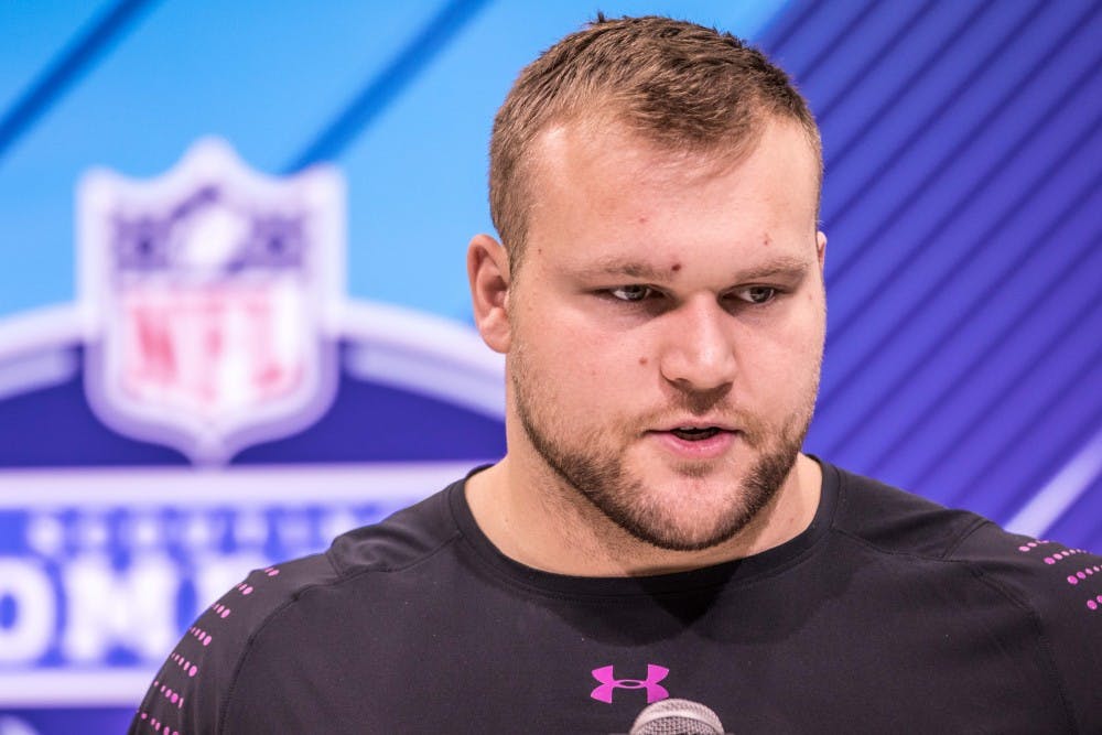 <p>Former MSU center Brian Allen speaks to the media at the NFL Combine on March 1, at the Indianapolis Convention Center. Allen was an offensive All Big Ten selection last season.</p>
