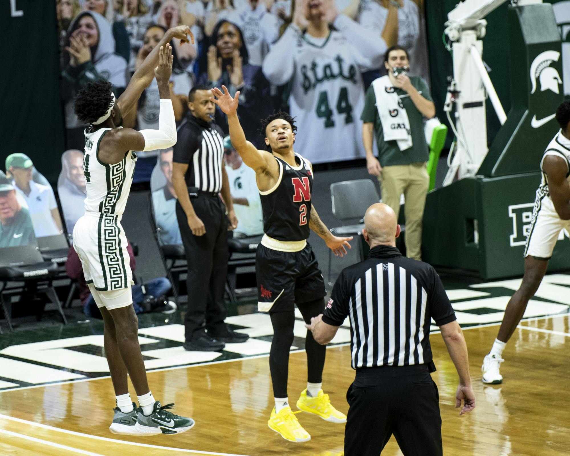<p>Junior forward Gabe Brown (44) shoots a 3-pointer during the game against Nebraska on Feb. 6, 2021, at the Breslin Center. The Spartans defeated the Cornhuskers, 66-56.</p>