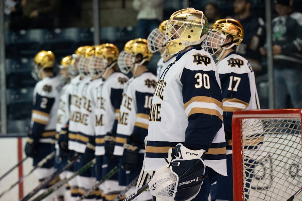 <p>Notre Dame ligns up before their matchup against MSU's Spartans at Compton Family Ice Arena in Notre Dame, IN on Friday, March 3, 2023. The Fighting Irish defeated MSU 1-0 in the low-scoring matchup.</p>