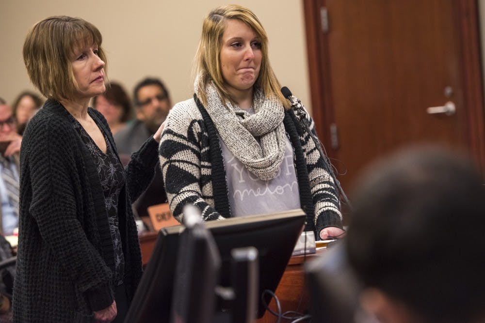 <p>Valerie Webb tears up during her statement on the fifth day of Ex-MSU and USA Gymnastics Dr. Larry Nassar's sentencing on Jan. 22, 2018 at the Ingham County Circuit Court in Lansing. "To all my sisters, we need to stand, fight back and not rest until this mess is mopped up, each and every crumb," Webb said.&nbsp;</p>