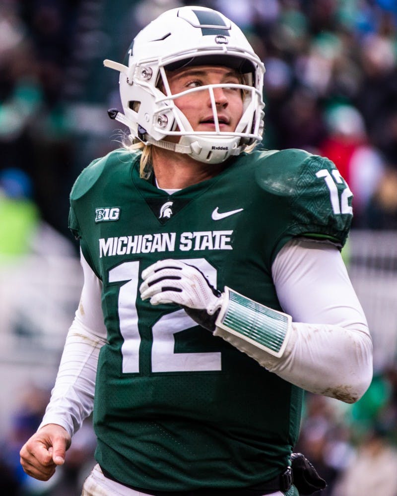 Redshirt freshman quarterback Rocky Lombardi (12) looks to the sideline during the game against Ohio State Nov. 10, 2018. The Spartans fell to the Buckeyes, 26-6.