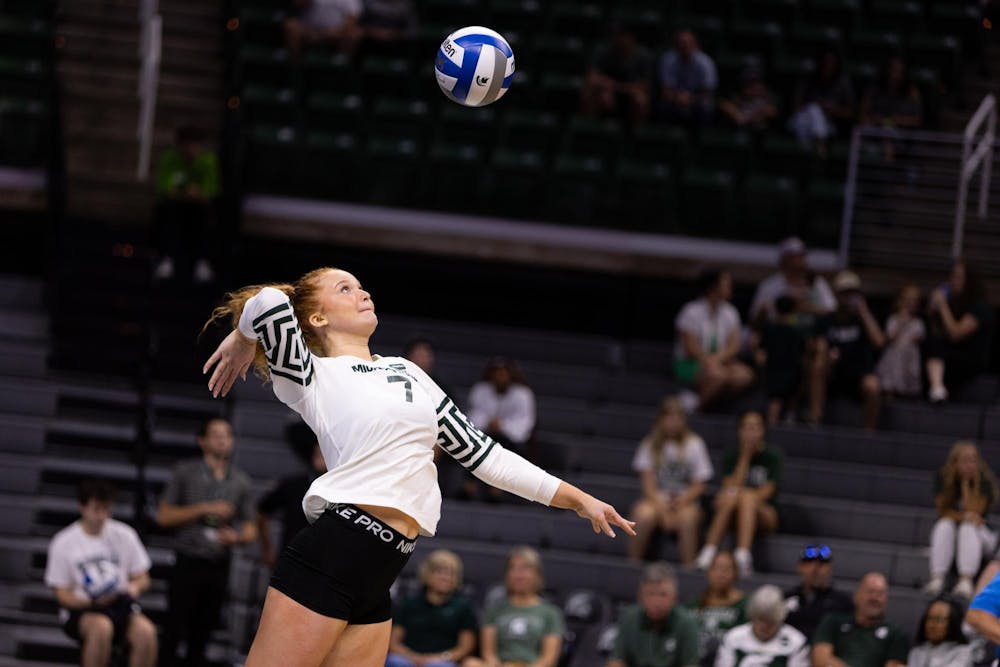 <p>Michigan State redshirt sophomore setter Malayah Long (7) serves the ball during the Western Michigan vs Michigan State volleyball game at the Breslin Center on Tuesday, Sept. 8, 2026.</p>