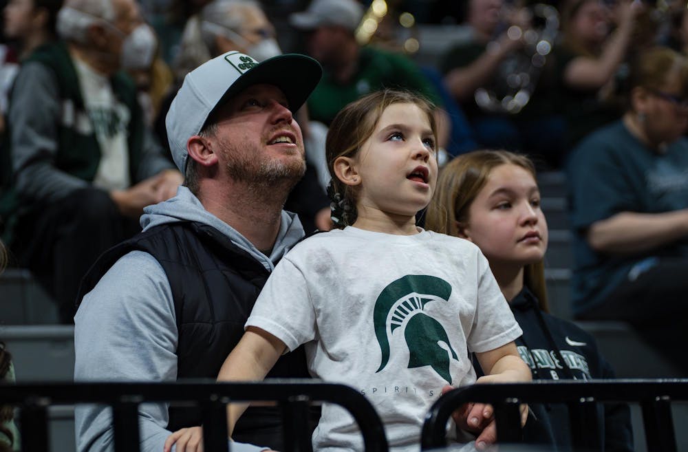 <p>Fans watch the video board moments before the women's basketball game between Michigan State University and Ohio State University begins at the Breslin Center in East Lansing, Michigan on Sunday, March 1, 2026.</p>