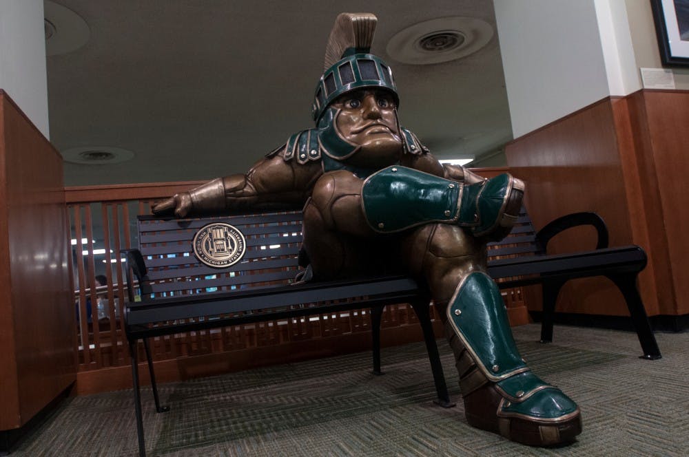 The bronze Sparty monument, pictured here on Oct. 12, 2016 in the Union, was created by sculptor Alison Brown, who created a clay rendering used to cast the 1,500-pound statue.