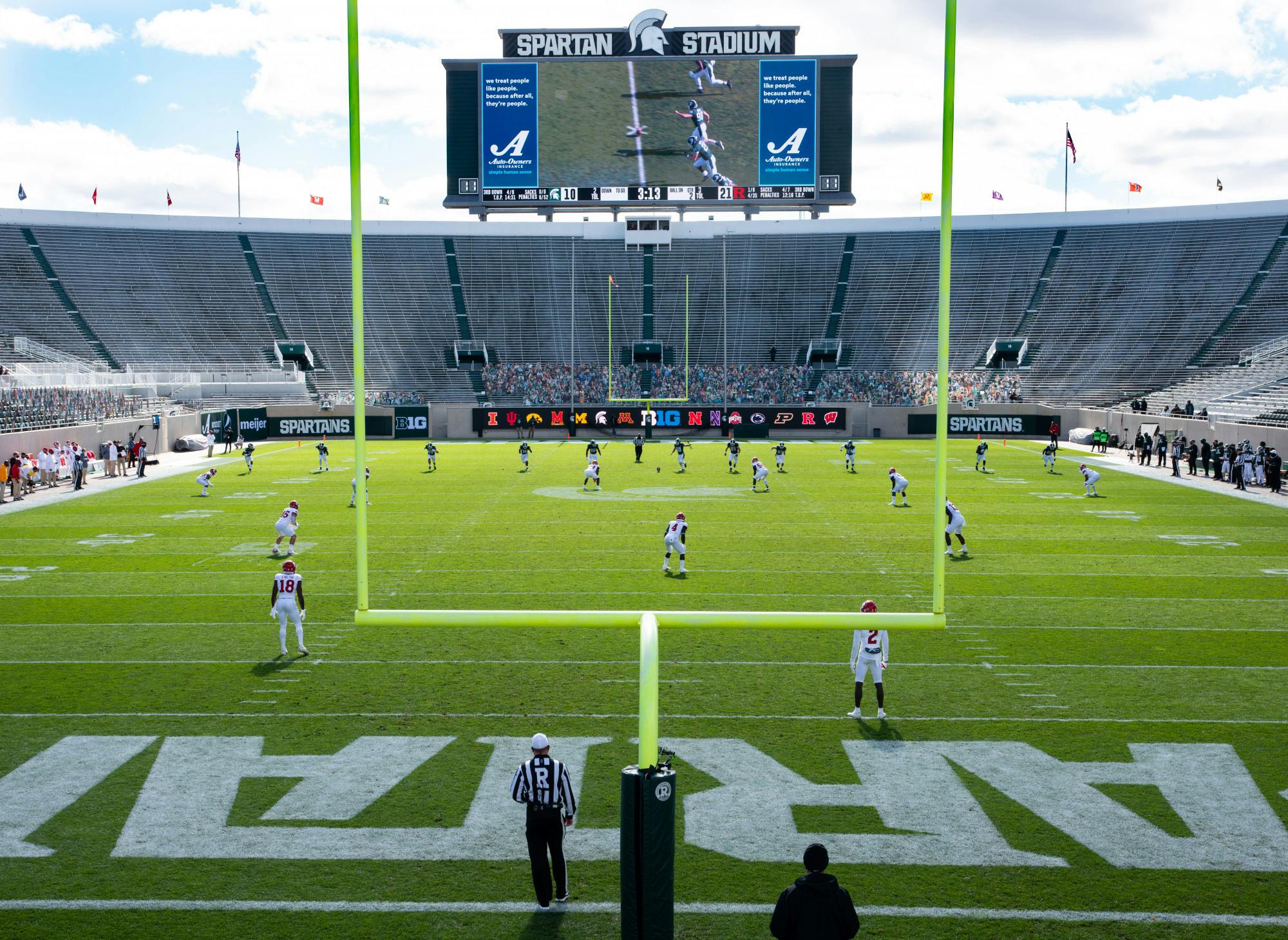 <p>MSU kickoff at the end of the first half of a game against Rutgers on Oct. 24, 2020, at Spartan Stadium.</p>