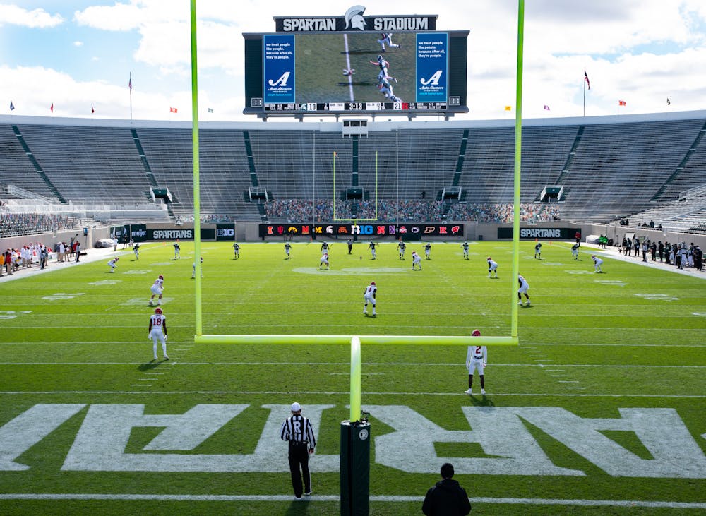 <p>MSU kickoff at the end of the first half of a game against Rutgers on Oct. 24, 2020, at Spartan Stadium.</p>