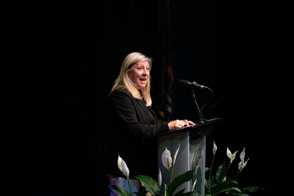 <p>Heidi J. Hennink-Kaminski, dean of Michigan State University’s College of Communication Arts and Sciences, delivers closing remarks during the Presidential Speaker Series at the Wharton Center Pasant Theatre in East Lansing, Mich., on Tuesday, Sept. 29, 2026.</p>
