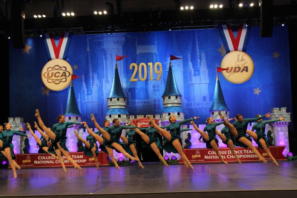 <p>The Michigan State Dance Team at the 2019 National Dance Team Championship in Orlando, Florida. Photo courtesy of the MSU Dance Team.&nbsp;</p>