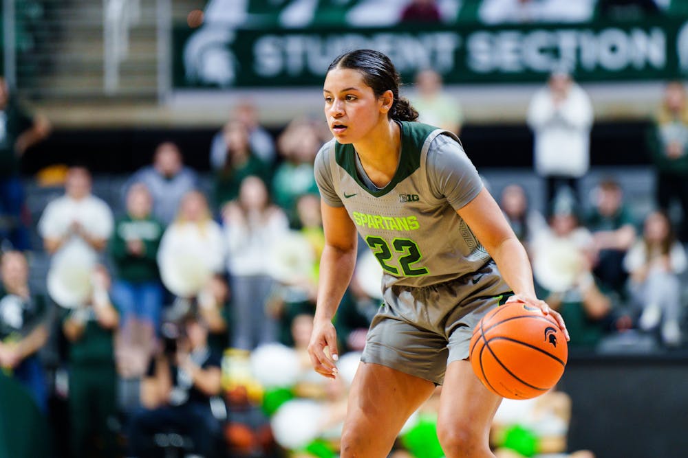 <p>Senior guard Moira Joiner (22) dribbles the basketball during a matchup against Iowa, held at the Breslin Center on Jan. 18, 2023. The Spartans fell to the Hawkeyes in overtime, 84-81.</p>