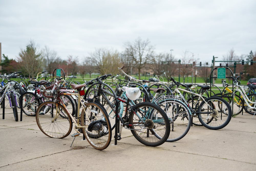 Bike rack appears to be full outside of Owen Hall, on May 4, 2022.