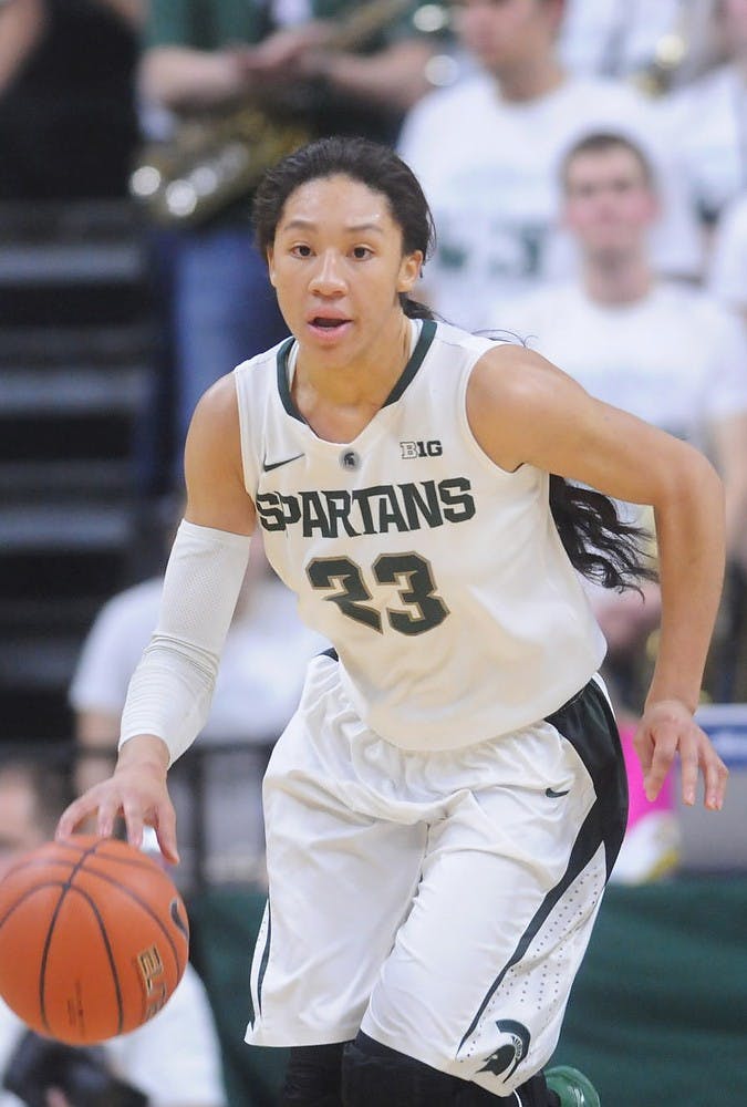 <p>Sophomore guard Aerial Powers dribbles the ball Feb 5, 2015, during the game against Michigan at Breslin Center. The Spartans were defeated by the Wolverines, 72-59. Kennedy Thatch/The State News</p>