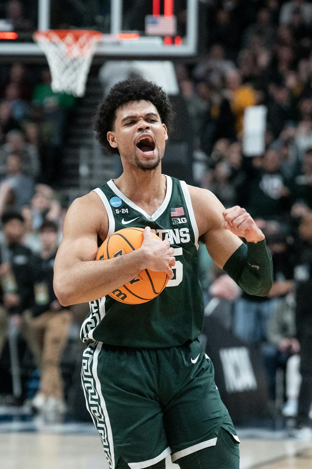 <p>Senior forward Malik Hall celebrates at Nationwide Arena on March 19, 2023, during the second round of the NCAA tournament. Michigan State defeated Marquette 69-60 to advance to the Sweet 16.</p>