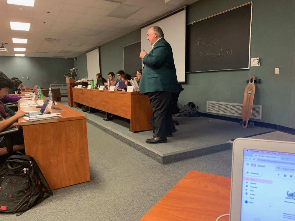 <p>MSU Interim President John Engler speaks to the Associated Students of Michigan State University's, or ASMSU's, general assembly on Thursday, Nov. 1.&nbsp;</p>