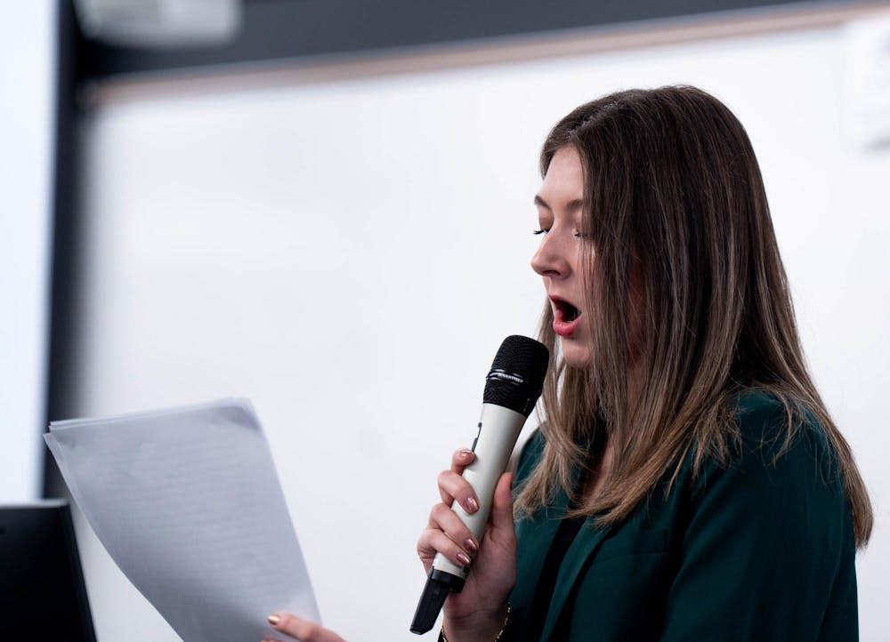 ASMSU president Kathryn Harding addresses the general assembly during the ASMSU meeting at MSU International Center, in East Lansing, on Dec. 4th, 2025.