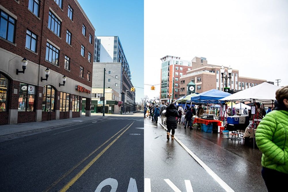 <p>LEFT: Ann Street Plaza on March 25, 2020. East Lansing is largely silent amid the coronavirus pandemic. Photo by Annie Barker</p><p>RIGHT: People walk around during the annual Winter Glow Festival on Dec. 1, 2018, at Ann Street Plaza. The free festival featured carriage rides, music, a holiday farmers market and other seasonal activities. Photo by Sylvia Jarrus</p>