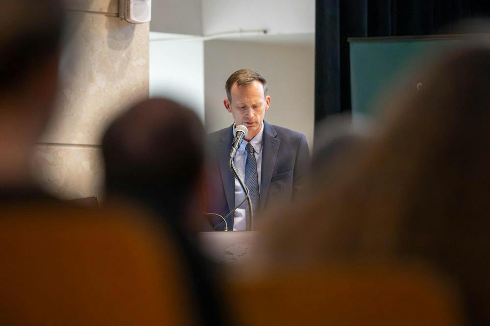 <p>Matthew Daum, dean and associate provost of Michigan State University’s College of Agriculture and Natural Resources, speaks ahead of former U.S. Sen. Debbie Stabenow during the Stuckman Lecture Series at the Kellogg Center in East Lansing, Mich., on Wednesday, Sept. 23, 2026.</p>
