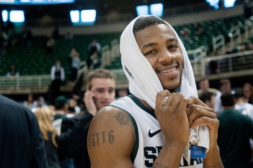 	<p>Junior guard Keith Appling smiles on the court after the game against Nicholls State on Dec. 1, 2012, at Breslin Center. Appling was the leading scorer for the Spartans with a total of 13 points, helping them beat the Colonels 84-39. Natalie Kolb/The State News</p>