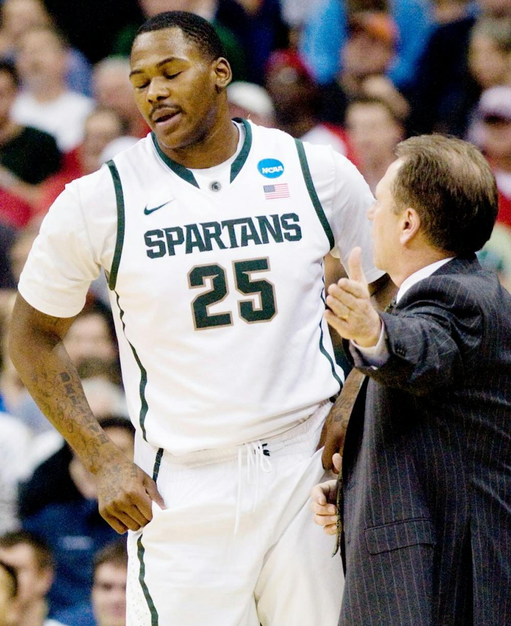 Junior center Derrick Nix receives direction from head coach Tom Izzo Sunday afternoon at Nationwide Arena, Columbus, Ohio. Nix had three turnovers in the 65-61 Spartan victory over the St. Louis Billikens. Jaclyn McNeal/The State News. 