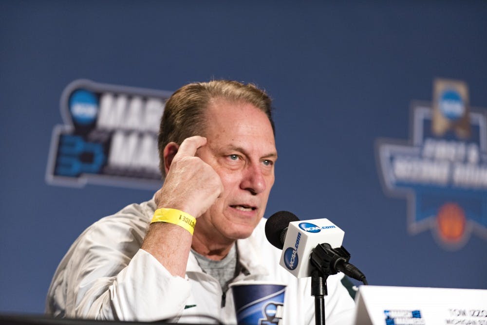 Head coach Tom Izzo speaks to the media during a press conference on March 16, 2017 at the BOK Center in Tulsa, Okla.