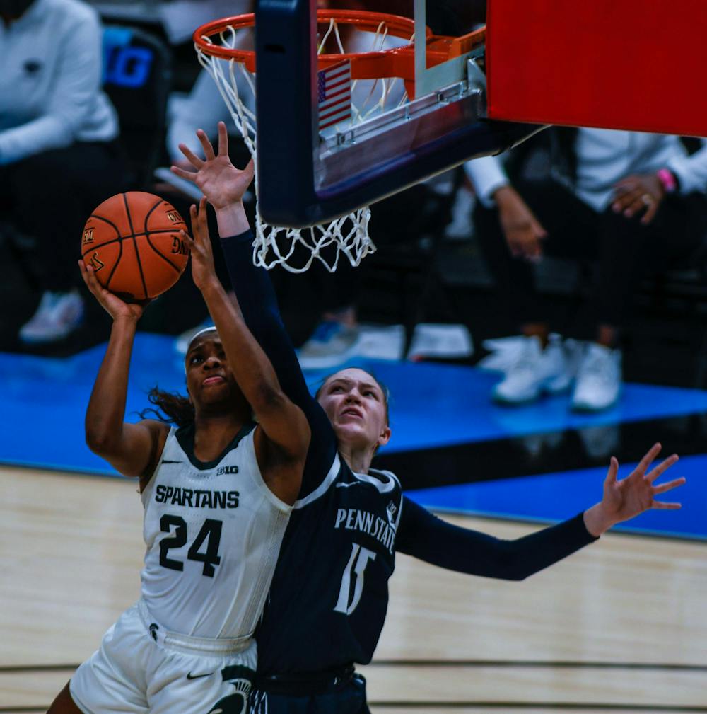 <p>Clouden rushes to the Penn State basket and sinks one easily in the second quarter. The Spartans finally defeated the Lady Lions 75-66 on the second day of the Big Ten Tournament hosted at Bankers Life Fieldhouse in Indianapolis. Shot on March 10, 2021.</p>