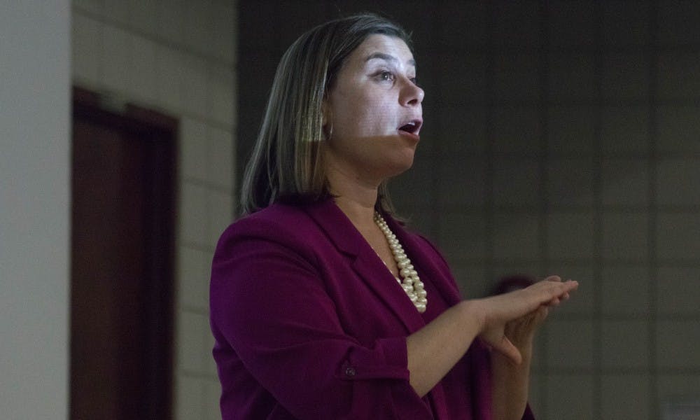 Democratic congressional hopeful Elissa Slotkin speaks to the MSU College Democrats at Wells Hall on Sept. 18, 2018. Slotkin is running against U.S. Rep. Mike Bishop, R-Rochester.