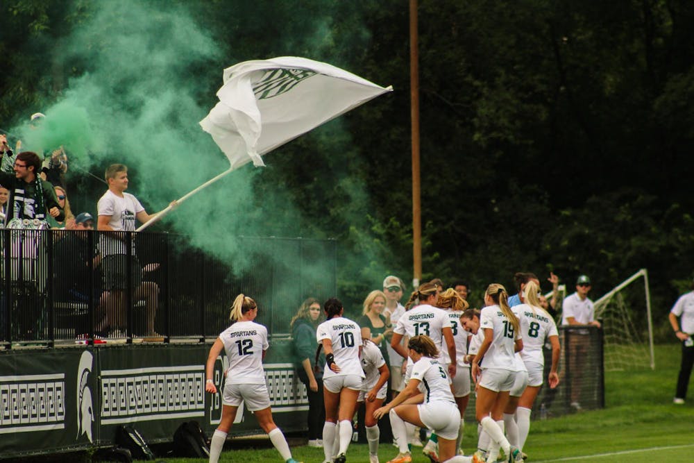 <p>MSU girls soccer team celebrates their first goal during a game against Ohio State University at DeMartin Soccer Complex on Sept. 17, 2023.</p>