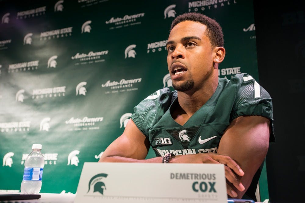 Senior safety Demetrious Cox (7) responds to a question from the media during Media Day on Aug. 8, 2016 at Spartan Stadium. Media Day allowed for the media to converse with the team's coaches and players.