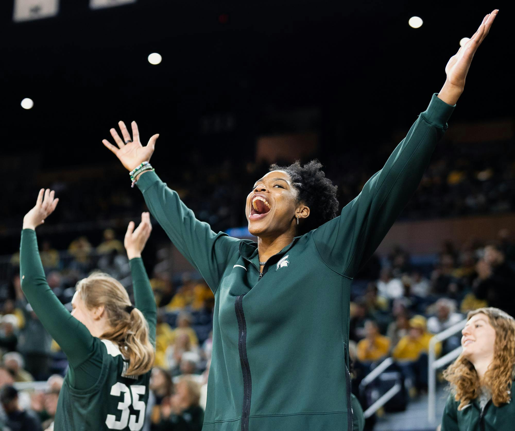 <p>Michigan State junior forward Isaline Alexander (12) celebrates following a victory against the University of Michigan at the Crisler Center in Ann Arbor, Mich. on Jan. 25, 2025.</p>
