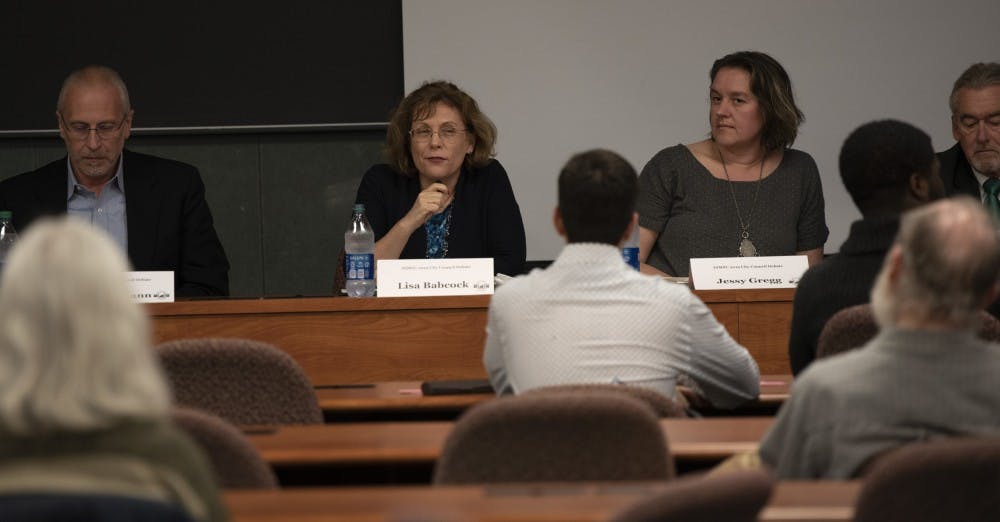 <p>Lisa Babcock speaks during ASMSU’s East Lansing City Council candidate debate Oct. 14, 2019 at the International Center. </p>