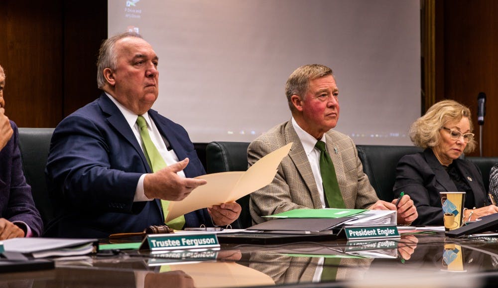 <p>Interim President John Engler speaks at the beginning of the Board of Trustees meeting at the Hannah Administration Building Dec. 14, 2018.</p>