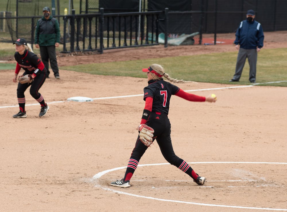 <p>Rugters&#x27; Ashley Hitchcock (7) pitches the ball during their victory over Michigan State on March 26, 2021.</p>