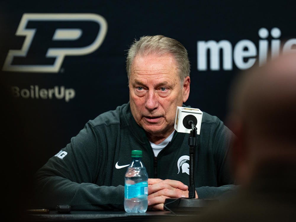 <p>Michigan State men's basketball head coach Tom Izzo speaks in a press conference inside Mackey Arena in West Lafayette, Indiana, on Thursday, Feb. 26, 2026. MSU beat Purdue 76-74.</p>