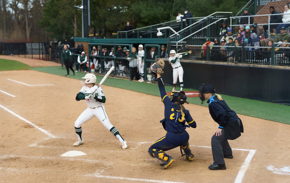 <p>Michigan State senior Courtney Callahan (3) walks after another ball in the third inning. Michigan State lost 3-0 to Michigan at the Secchia Stadium, on April 19, 2022.</p>