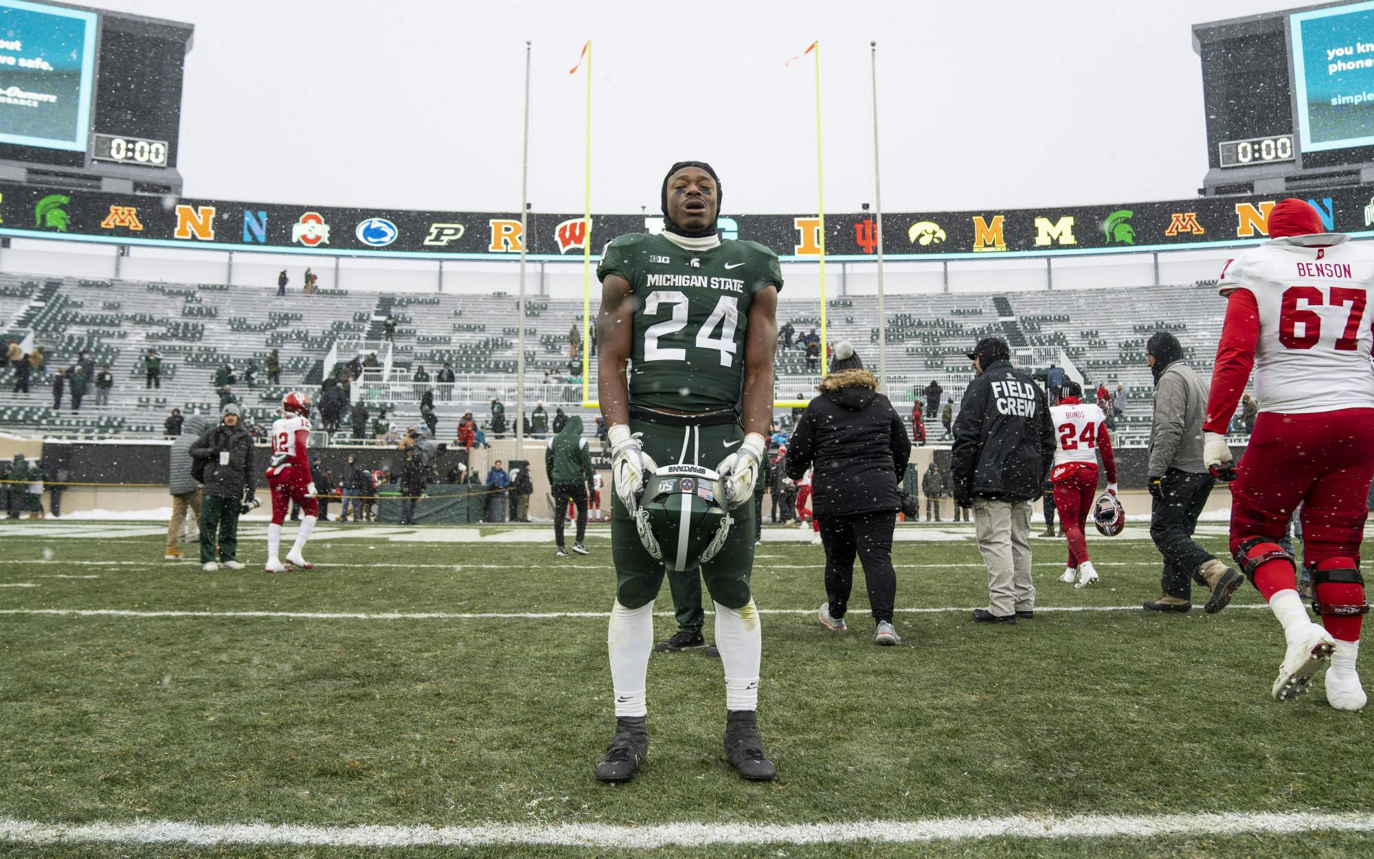 Redshirt senior running back Elijah Collins, 24, soaks in his final moments of the Spartan’s last game at home against Indiana on Saturday, Nov. 19, 2022 at Spartan Stadium. Indiana ultimately beat the Michigan State 39-31.