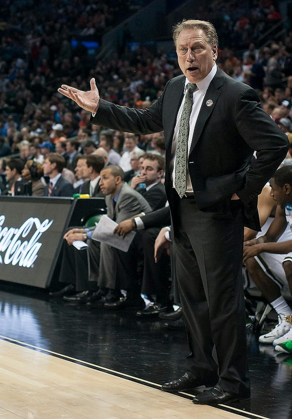 <p>Head coach Tom Izzo questions a play Mar. 20, 2015,  during the second round of the NCAA tournament in a game against Georgia at the Time Warner Cable Arena in Charlotte, North Carolina. The Spartans defeated the Bulldogs, 70-63.</p>