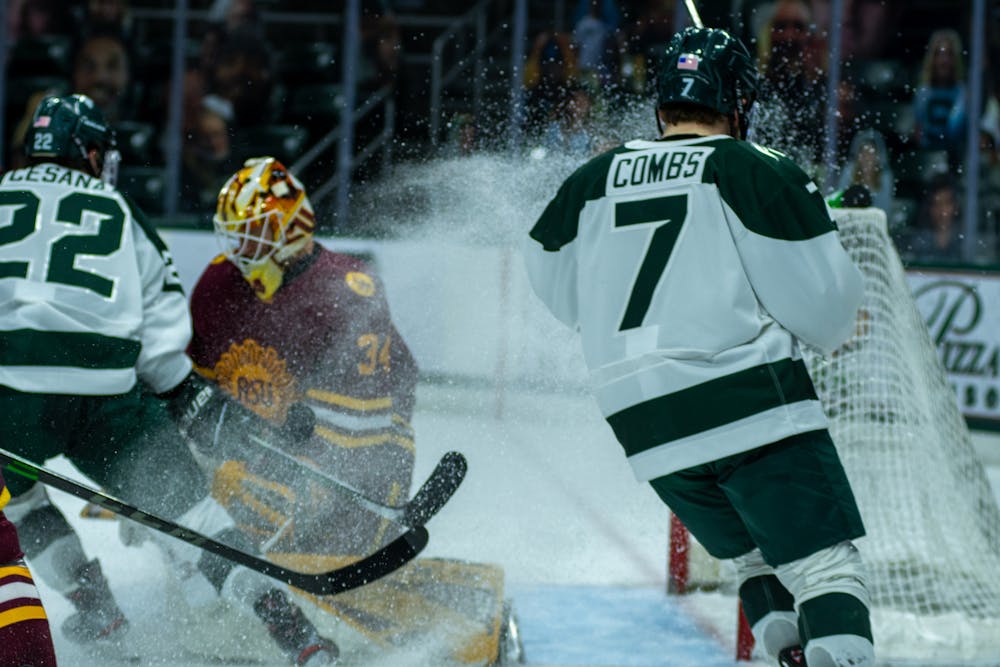 <p>Action at the Arizona State University net during the game on Feb. 15, 2021 at Munn Ice Arena.</p>