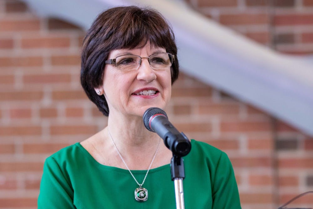 Trustee Diane Byrum answers questions from the media during a press conference with Trustee Melanie Foster on June 27, 2018 in the Plant and Soil Sciences Building.  Their conference laid out the Board of Trustees' timeline for selecting a new president.