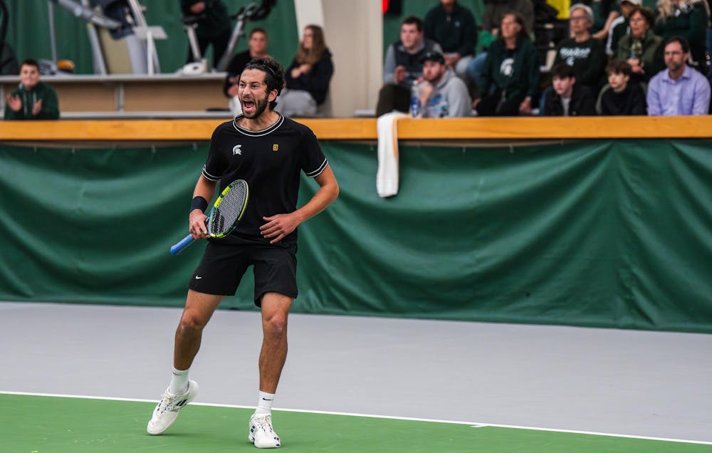 <p>Ozan Baris, a senior on the Michigan State men’s tennis team, scores a point against Purdue sophomore Maj Premzl during a singles match at the MSU Tennis Center in Lansing, Mich., Sunday, April 19, 2026.</p>