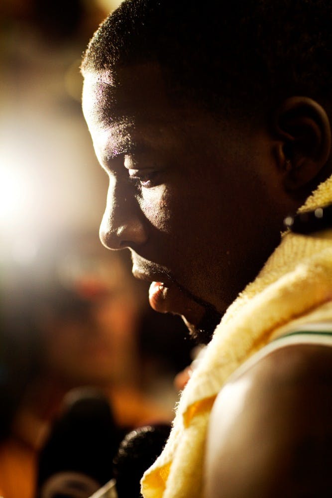 <p>Then-senior forward Draymond Green speaks with reporters after the Spartans lost to Louisville Thursday evening at US Airways Center in Pheonix, Arizona. The Spartans fell to the Cardinals 57-44. Matt Hallowell/The State News</p>