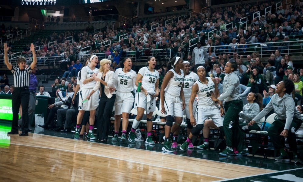 Senior guard Branndais Agee (10) falls back into the bench after making a shot during the women?s basketball game against Minnesota on Feb. 16, 2017 at Breslin Center. The Spartans defeated by the Golden Gophers, 85-69.