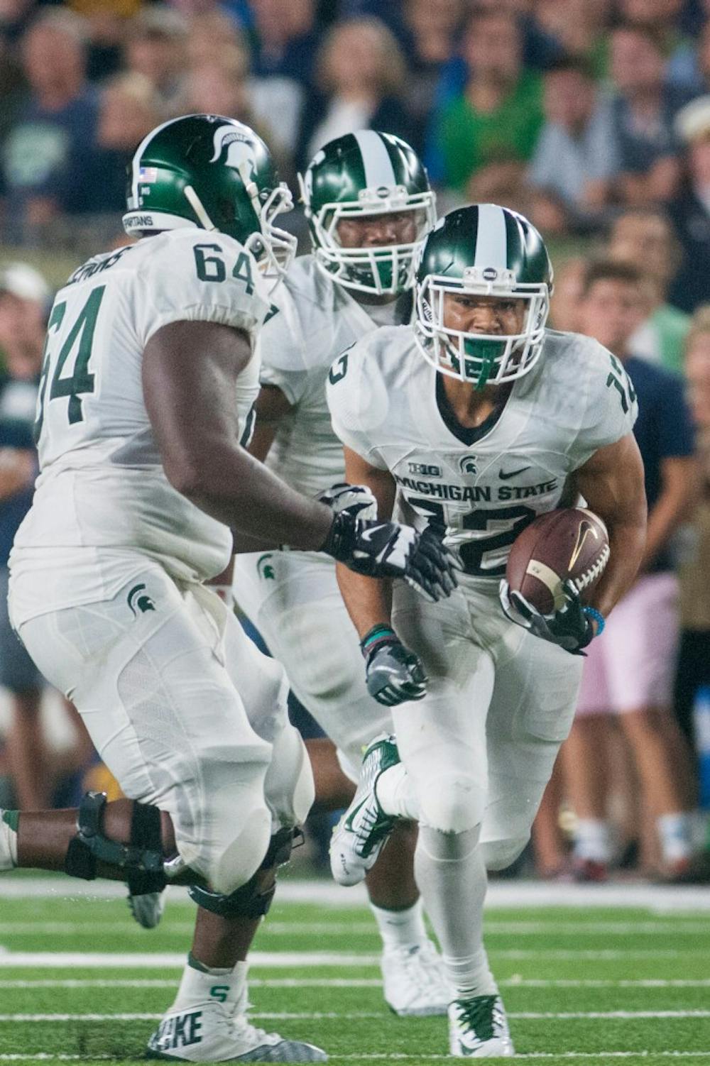Senior wide receiver R.J. Shelton (12) runs down the field during the game against Notre Dame on Sept. 17, 2016 at Notre Dame Stadium in South Bend, Ind. The Spartans defeated the Fighting Irish, 36-28.