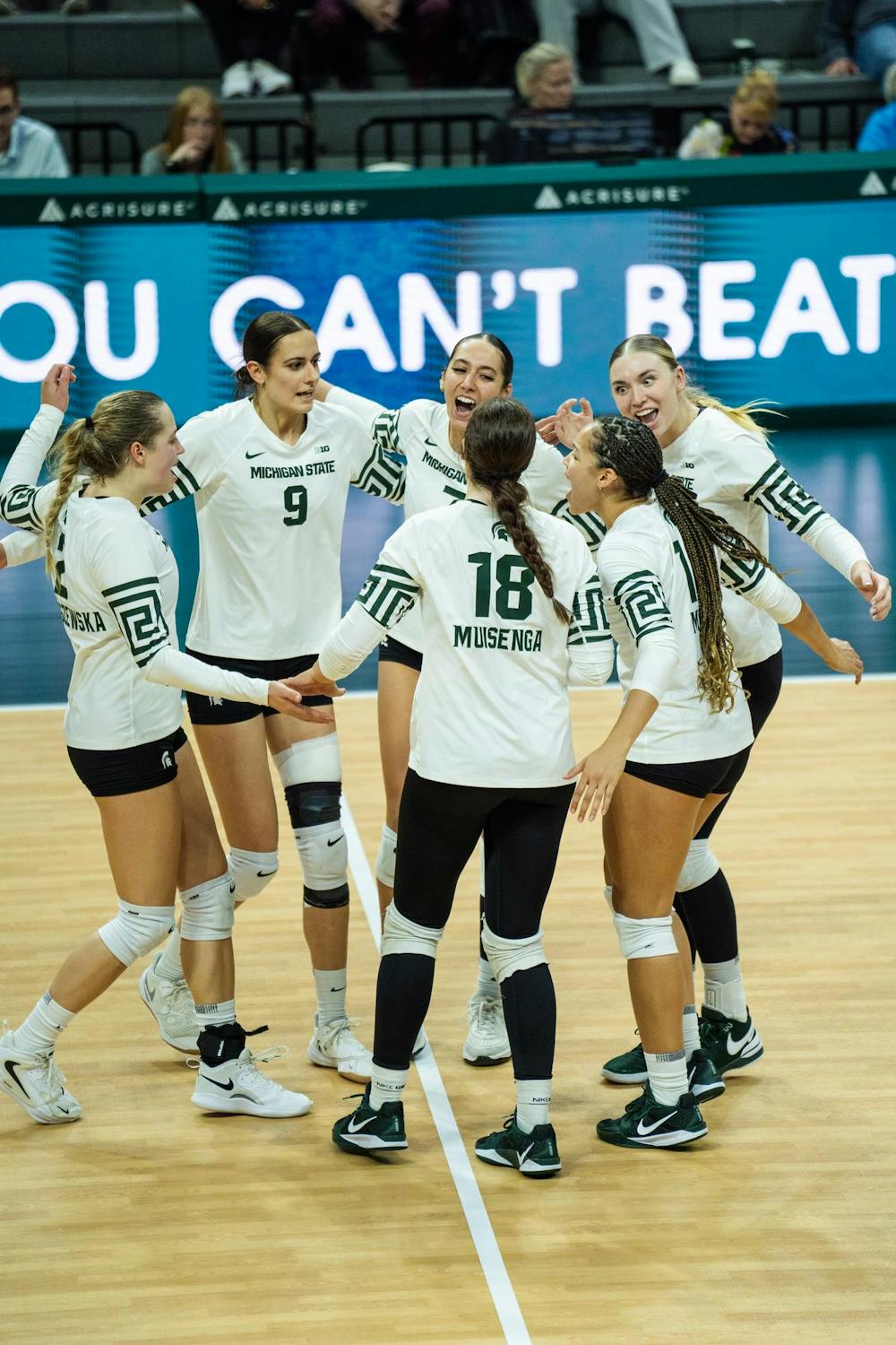 Michigan State celebrates a point against University of Michigan at the Breslin Center on Nov. 15, 2024.