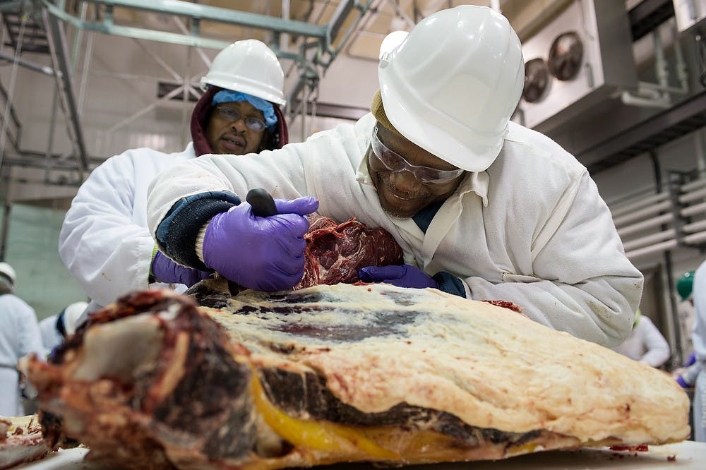 Detroit resident Robert Cunningham cuts loose a hunk of meat Tuesday morning at the MSU Meat Laboratory. Cunningham is one of eleven homeless veterans learning a new skill through the Vet to Ag program. Photo courtesy of Michigan State University 